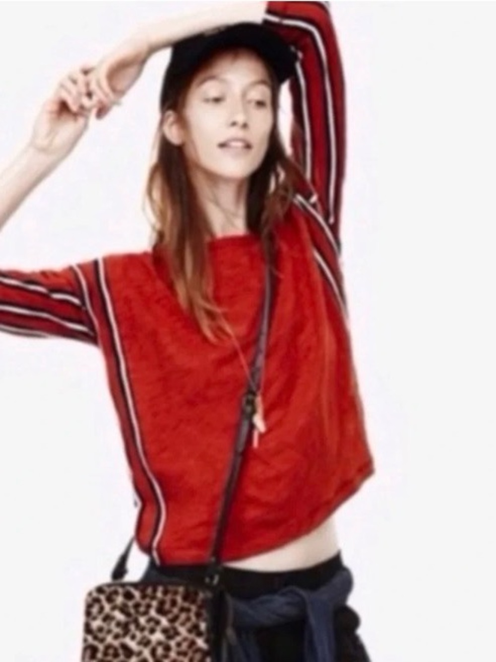 Women's LS Slouchy Boxy Sweater Tee in Red Orange with Black Piping